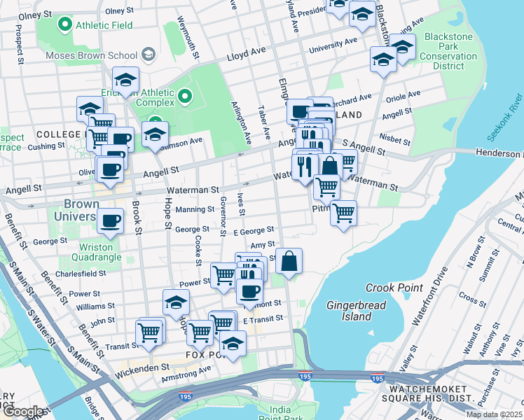 map of restaurants, bars, coffee shops, grocery stores, and more near 74 East George Street in Providence