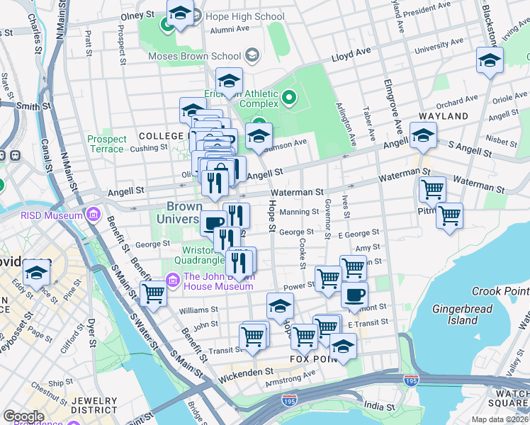 map of restaurants, bars, coffee shops, grocery stores, and more near in Providence