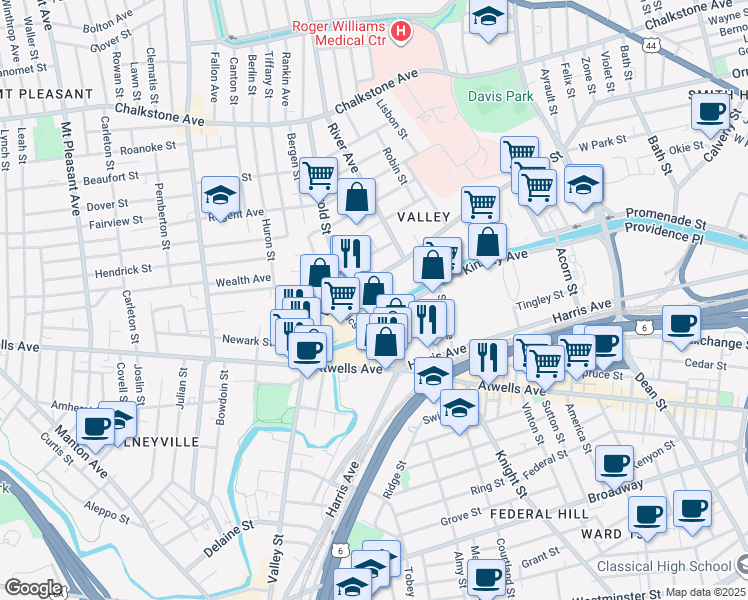 map of restaurants, bars, coffee shops, grocery stores, and more near 47 Eagle Street in Providence