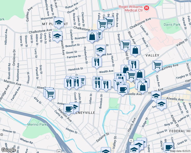 map of restaurants, bars, coffee shops, grocery stores, and more near 47 Academy Avenue in Providence