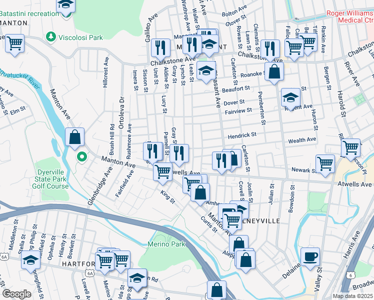 map of restaurants, bars, coffee shops, grocery stores, and more near 18 Lynch Street in Providence