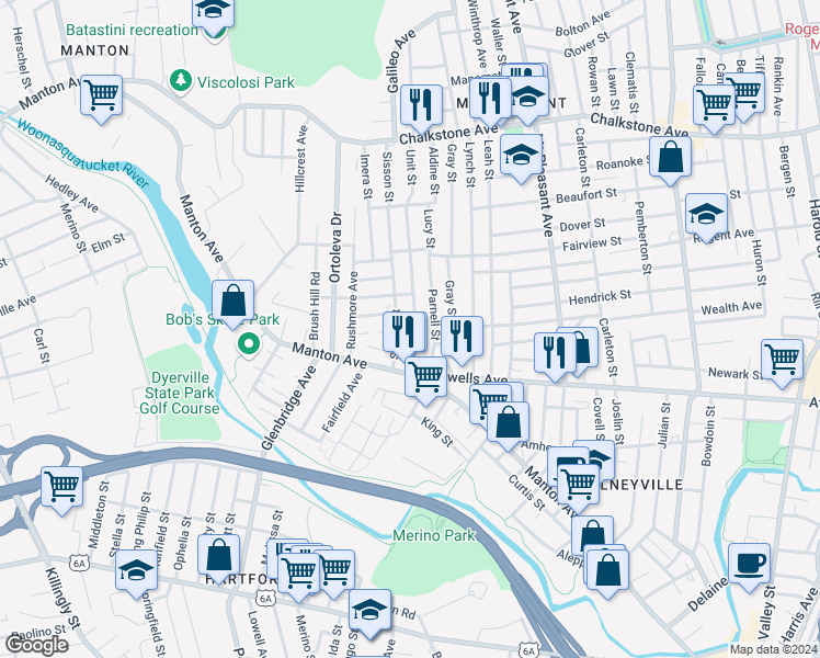 map of restaurants, bars, coffee shops, grocery stores, and more near 20 Parnell Street in Providence