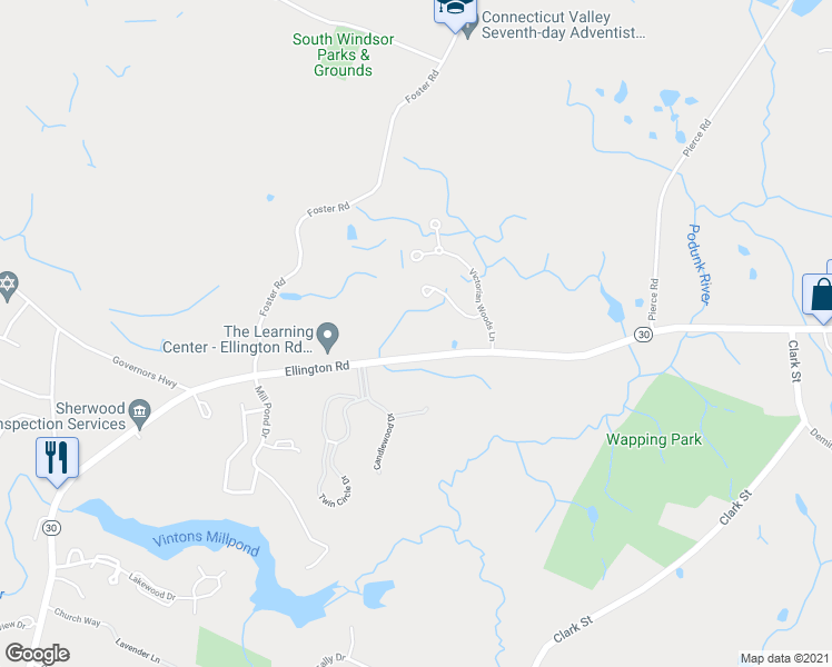 map of restaurants, bars, coffee shops, grocery stores, and more near 1311 Ellington Road in South Windsor