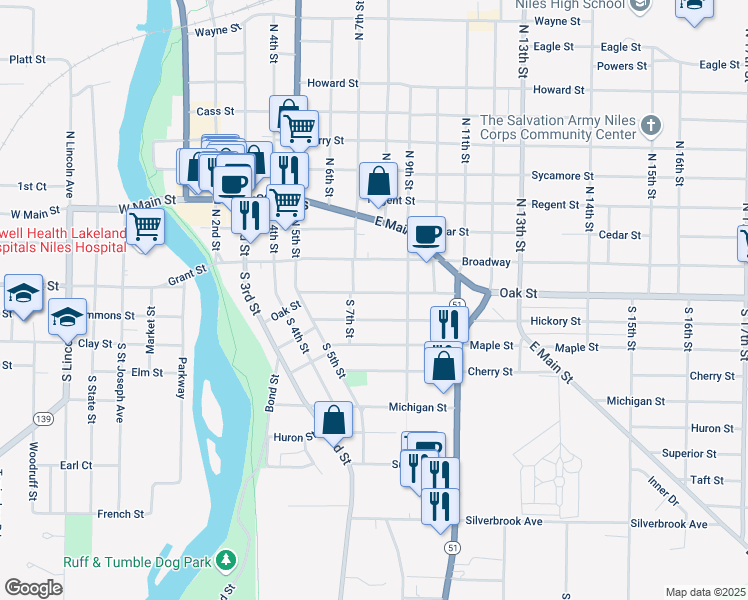map of restaurants, bars, coffee shops, grocery stores, and more near 740 Hickory Street in Niles