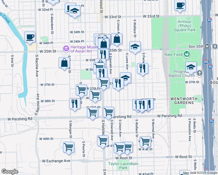 map of restaurants, bars, coffee shops, grocery stores, and more near 3736 South Emerald Avenue in Chicago