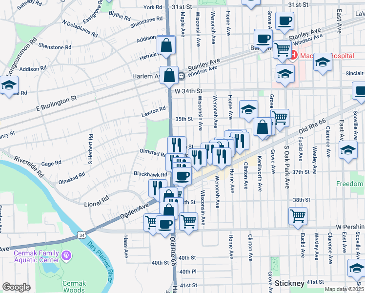 map of restaurants, bars, coffee shops, grocery stores, and more near 3615 South Harlem Avenue in Berwyn