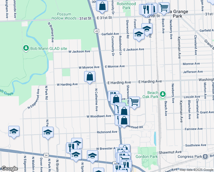 map of restaurants, bars, coffee shops, grocery stores, and more near 622 North Ashland Avenue in La Grange Park