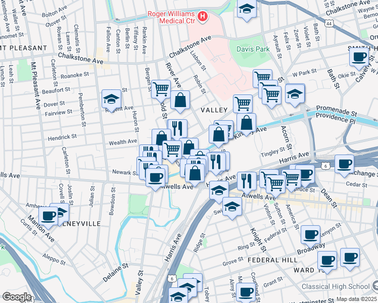 map of restaurants, bars, coffee shops, grocery stores, and more near 47 Eagle Street in Providence