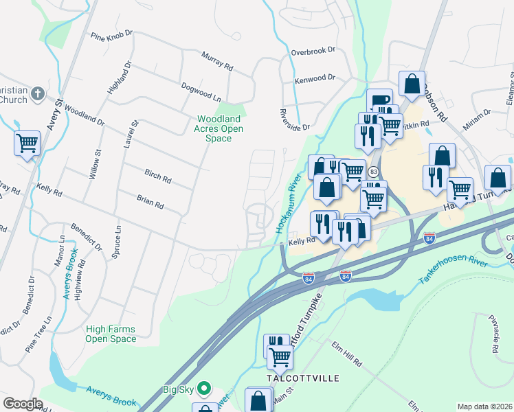 map of restaurants, bars, coffee shops, grocery stores, and more near 325 Kelly Road in Vernon