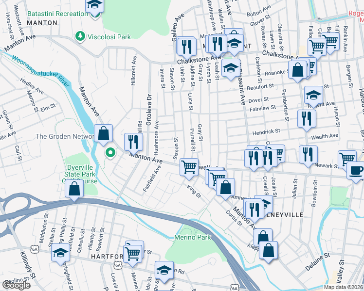 map of restaurants, bars, coffee shops, grocery stores, and more near 20 Parnell Street in Providence