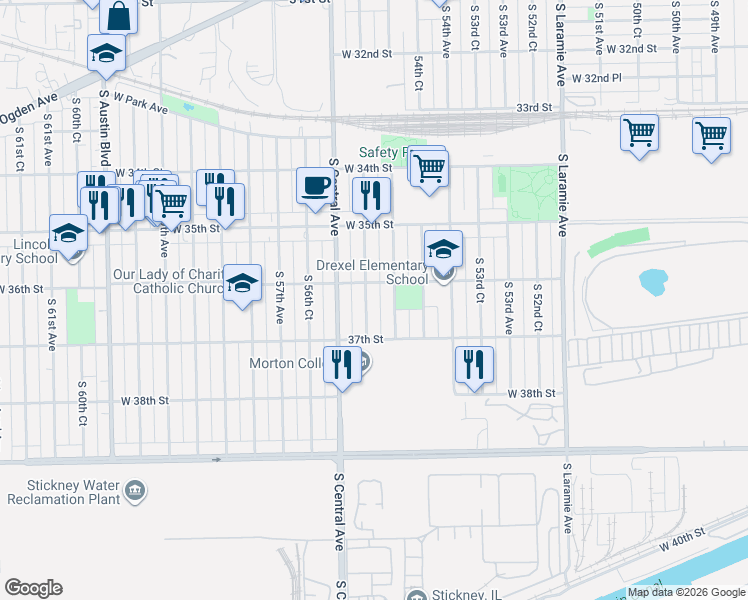 map of restaurants, bars, coffee shops, grocery stores, and more near 3636 South 55th Court in Cicero