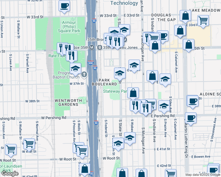 map of restaurants, bars, coffee shops, grocery stores, and more near 3720 South Dearborn Street in Chicago