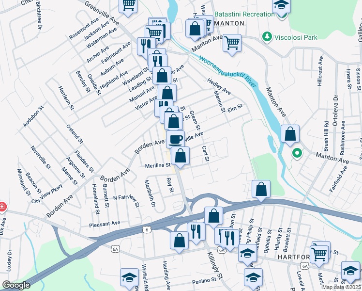 map of restaurants, bars, coffee shops, grocery stores, and more near 557 Killingly Street in Johnston