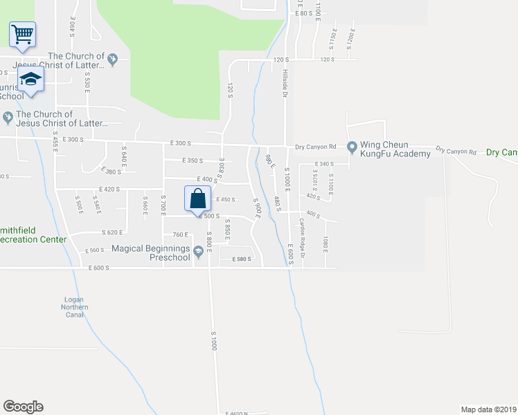 map of restaurants, bars, coffee shops, grocery stores, and more near 437 South 900 East in Smithfield