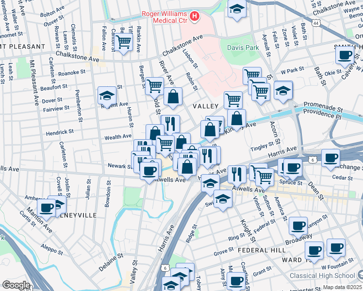 map of restaurants, bars, coffee shops, grocery stores, and more near 11 Eagle Street in Providence