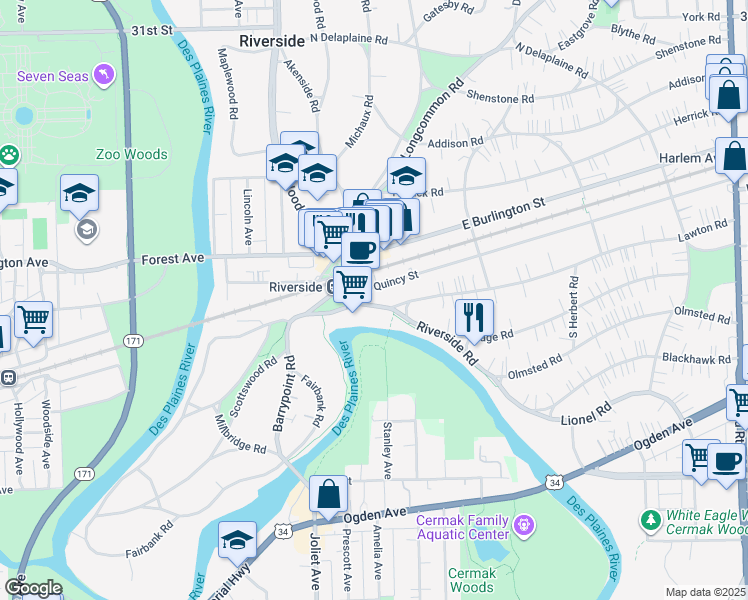 map of restaurants, bars, coffee shops, grocery stores, and more near 28 Lawton Road in Riverside