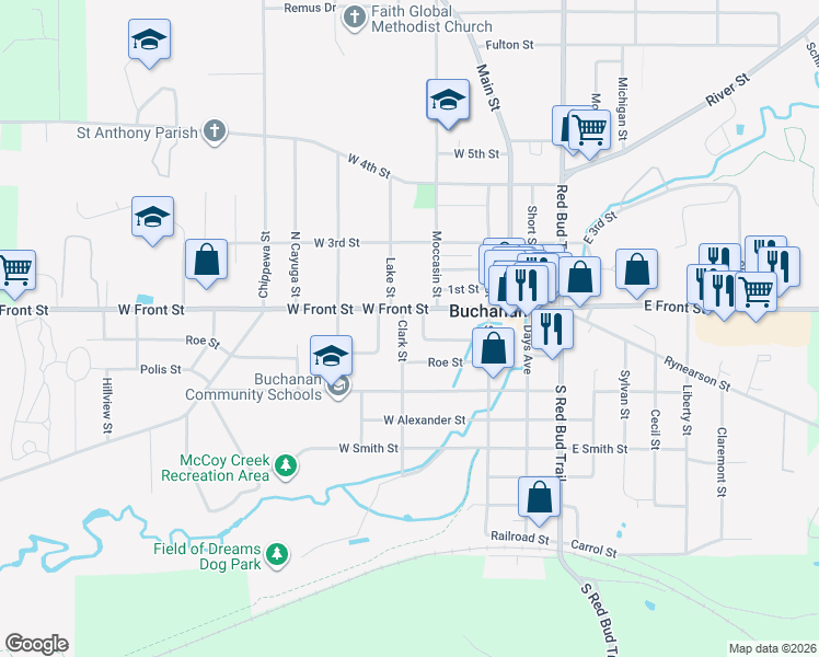 map of restaurants, bars, coffee shops, grocery stores, and more near 206 West Front Street in Buchanan