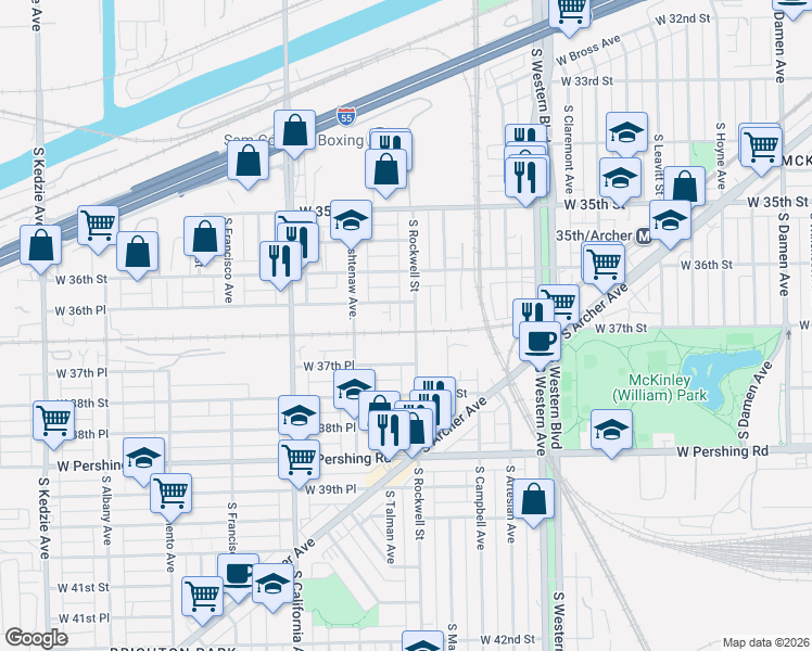 map of restaurants, bars, coffee shops, grocery stores, and more near 3620 South Rockwell Street in Chicago