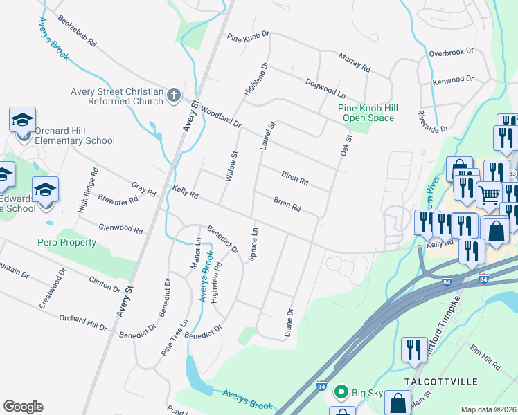 map of restaurants, bars, coffee shops, grocery stores, and more near 16 Brian Road in South Windsor