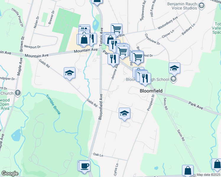 map of restaurants, bars, coffee shops, grocery stores, and more near 27 Jerome Avenue in Bloomfield