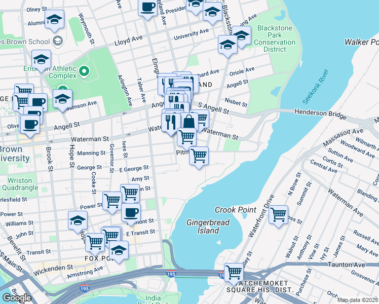 map of restaurants, bars, coffee shops, grocery stores, and more near 150 East Manning Street in Providence