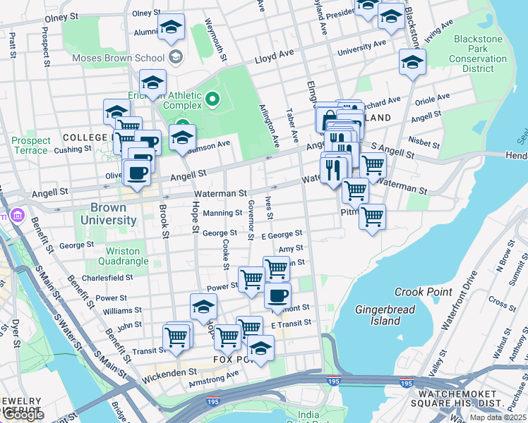 map of restaurants, bars, coffee shops, grocery stores, and more near 339 Ives Street in Providence