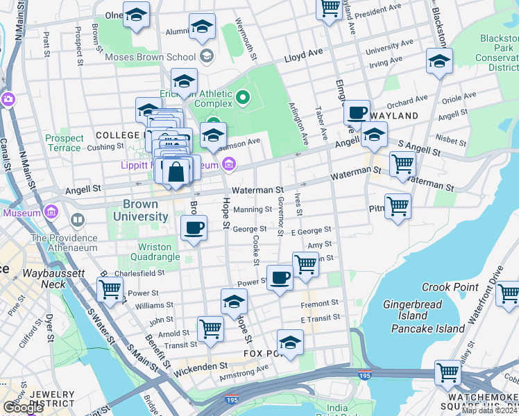 map of restaurants, bars, coffee shops, grocery stores, and more near 151 Waterman Street in Providence