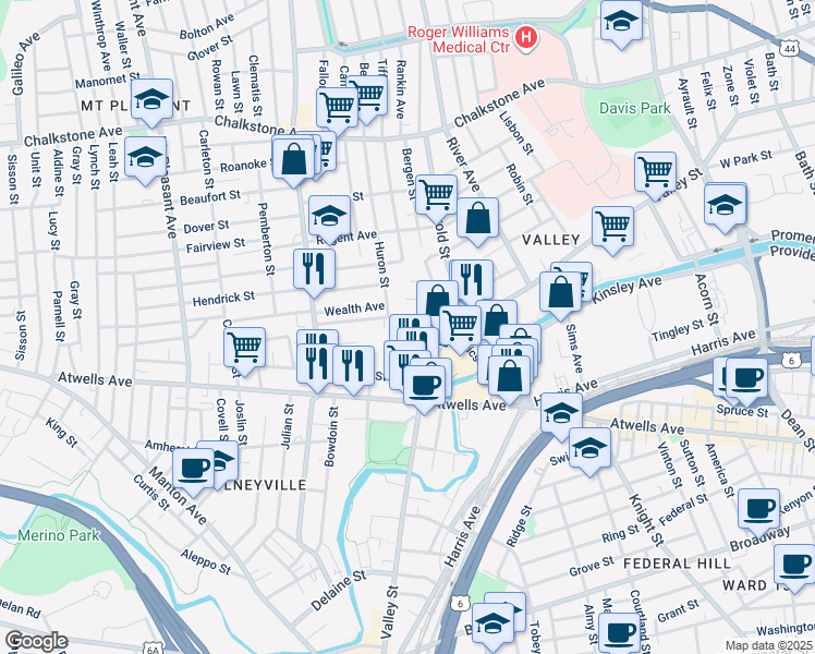 map of restaurants, bars, coffee shops, grocery stores, and more near 40 Allston Street in Providence