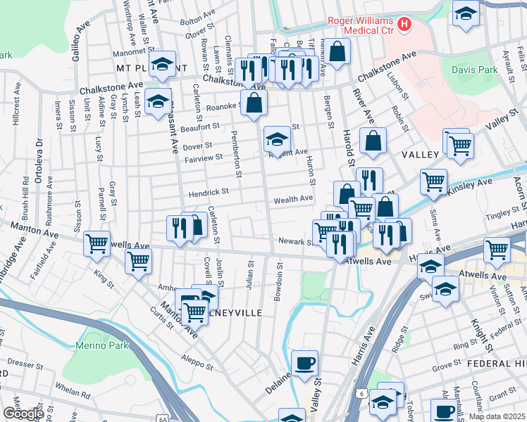 map of restaurants, bars, coffee shops, grocery stores, and more near 101 Academy Avenue in Providence