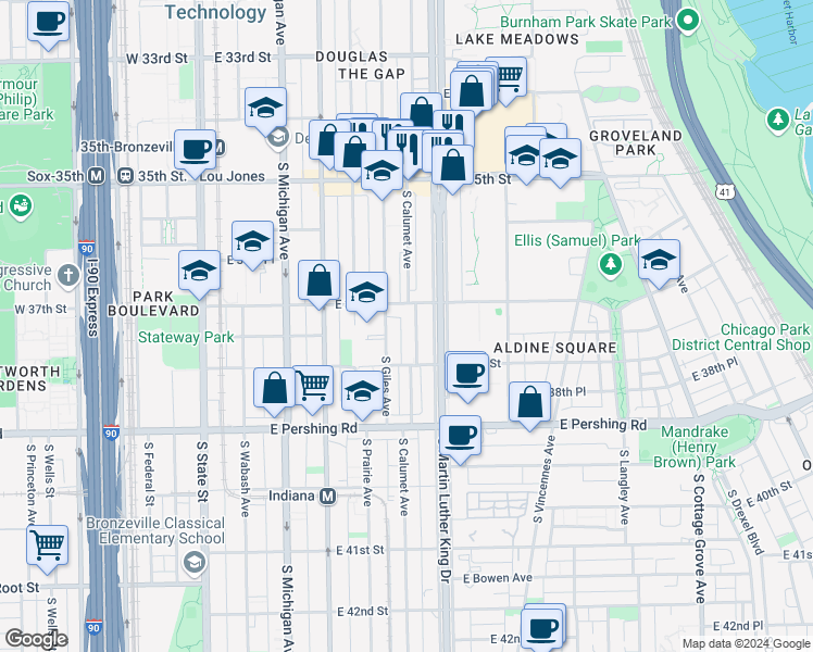 map of restaurants, bars, coffee shops, grocery stores, and more near 330 East 37th Street in Chicago