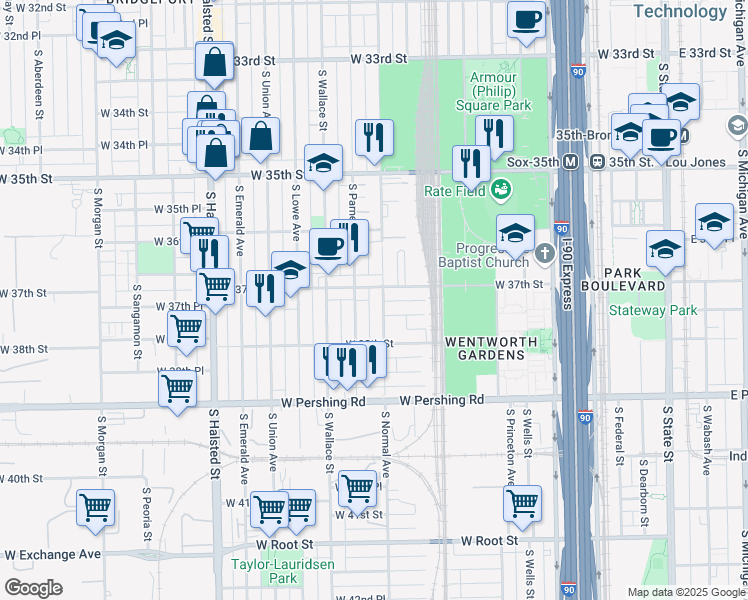 map of restaurants, bars, coffee shops, grocery stores, and more near 502 West 37th Street in Chicago
