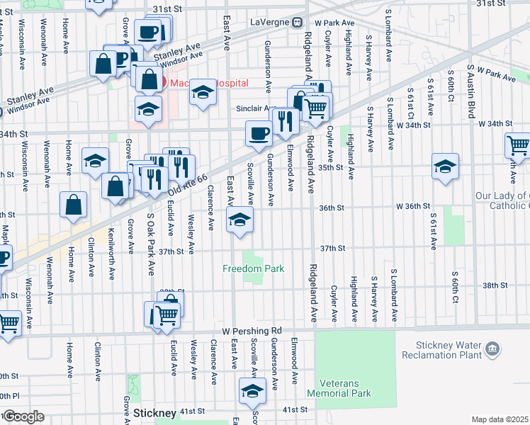 map of restaurants, bars, coffee shops, grocery stores, and more near 3533 Scoville Avenue in Berwyn