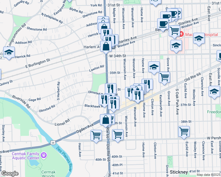 map of restaurants, bars, coffee shops, grocery stores, and more near 3517 Illinois 43 in Berwyn