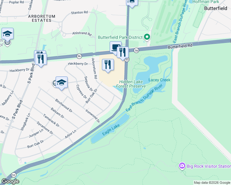map of restaurants, bars, coffee shops, grocery stores, and more near 3S161 Arboretum Road in Glen Ellyn