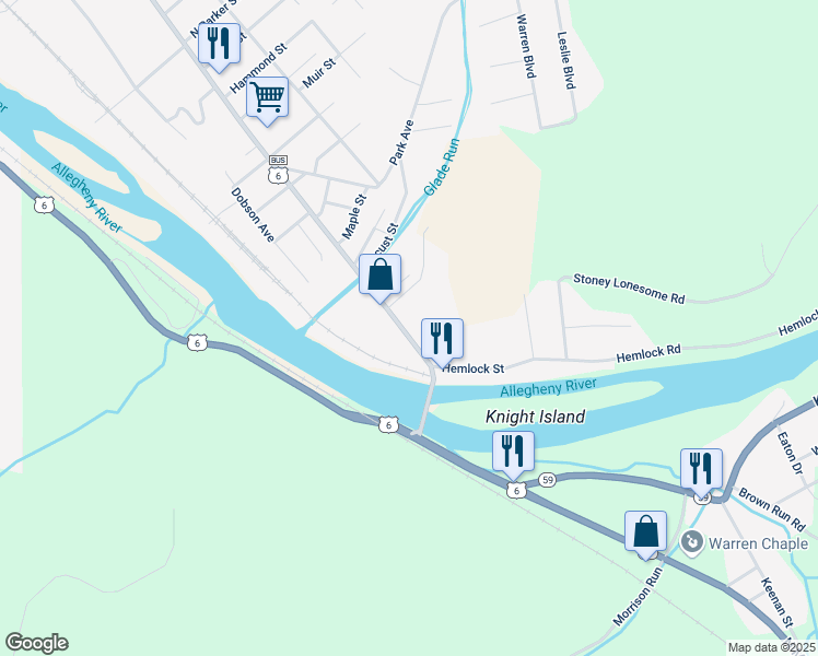 map of restaurants, bars, coffee shops, grocery stores, and more near 2027 Pennsylvania Avenue East in Warren