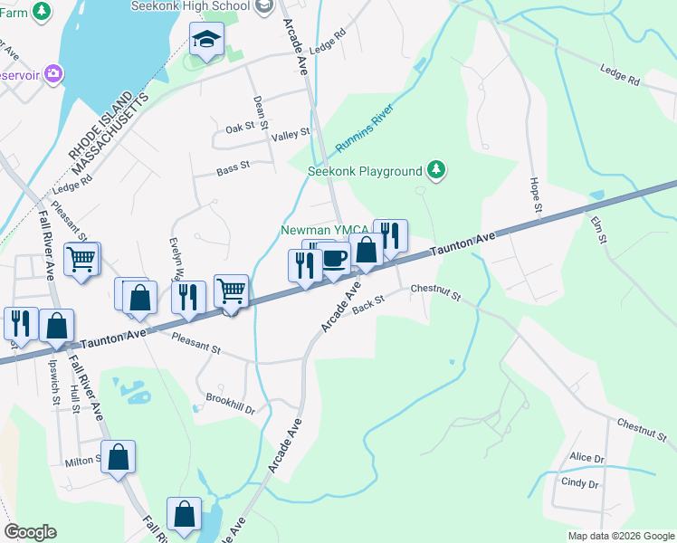 map of restaurants, bars, coffee shops, grocery stores, and more near 14 Elmdale Street in Seekonk