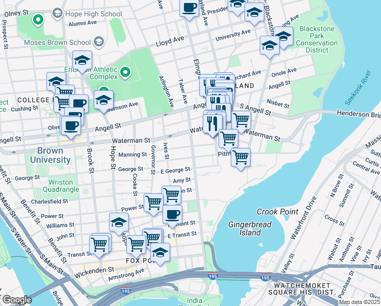 map of restaurants, bars, coffee shops, grocery stores, and more near 222 Gano Street in Providence
