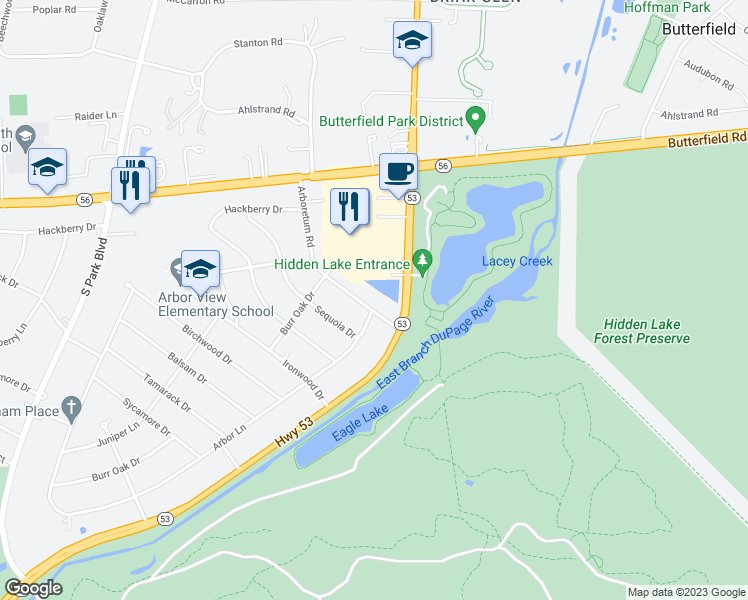 map of restaurants, bars, coffee shops, grocery stores, and more near 3S161 Arboretum Road in Glen Ellyn