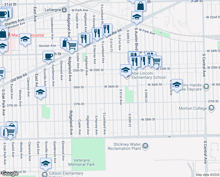 map of restaurants, bars, coffee shops, grocery stores, and more near 3538 South 61st Court in Cicero
