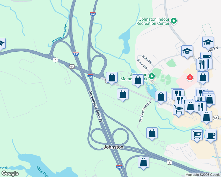 map of restaurants, bars, coffee shops, grocery stores, and more near in Johnston