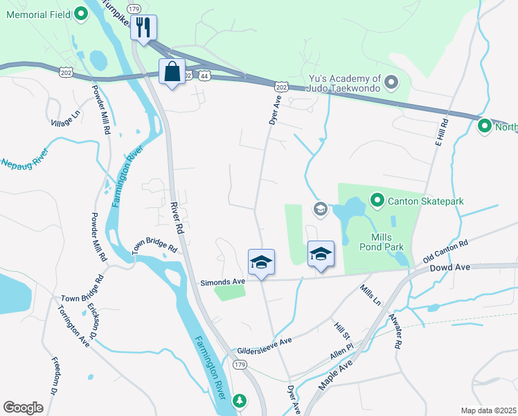 map of restaurants, bars, coffee shops, grocery stores, and more near 74 Dyer Avenue in Canton