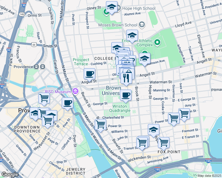 map of restaurants, bars, coffee shops, grocery stores, and more near 75 Waterman Street in Providence