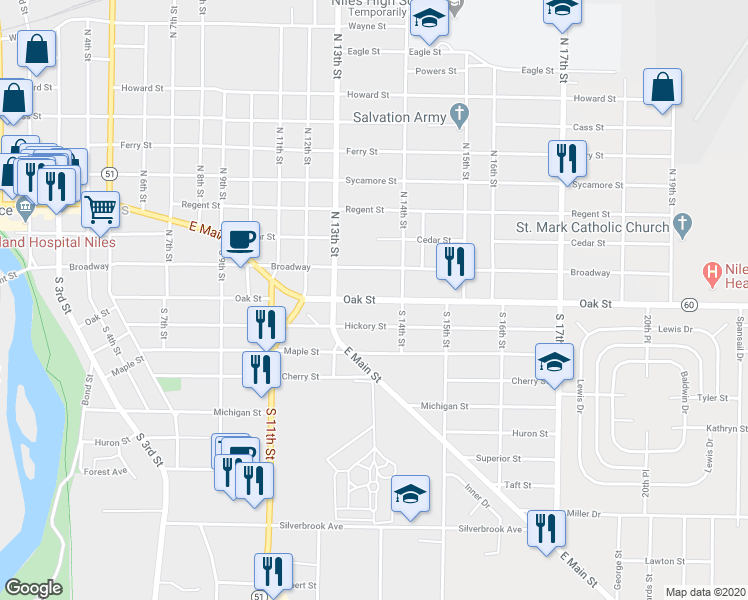 map of restaurants, bars, coffee shops, grocery stores, and more near 1399 Highway 60 Business in Niles
