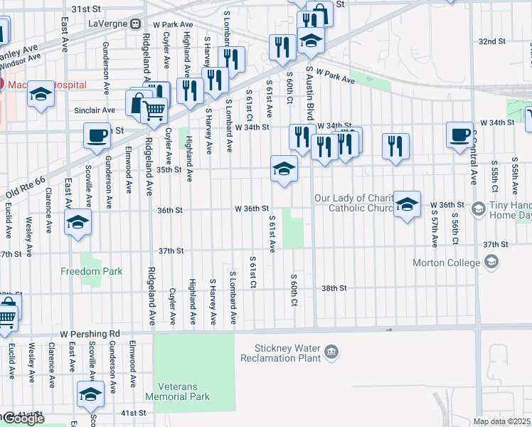 map of restaurants, bars, coffee shops, grocery stores, and more near 3547 South 61st Avenue in Cicero