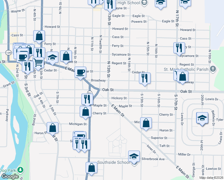 map of restaurants, bars, coffee shops, grocery stores, and more near Oak Street in Niles