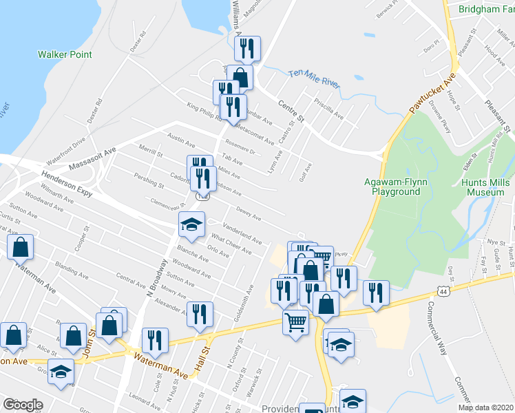 map of restaurants, bars, coffee shops, grocery stores, and more near 93 Hobson Avenue in East Providence