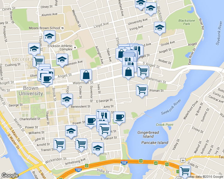 map of restaurants, bars, coffee shops, grocery stores, and more near 238 Gano Street in Providence