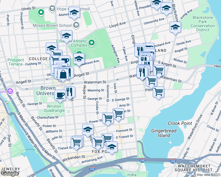 map of restaurants, bars, coffee shops, grocery stores, and more near 163 Waterman Street in Providence