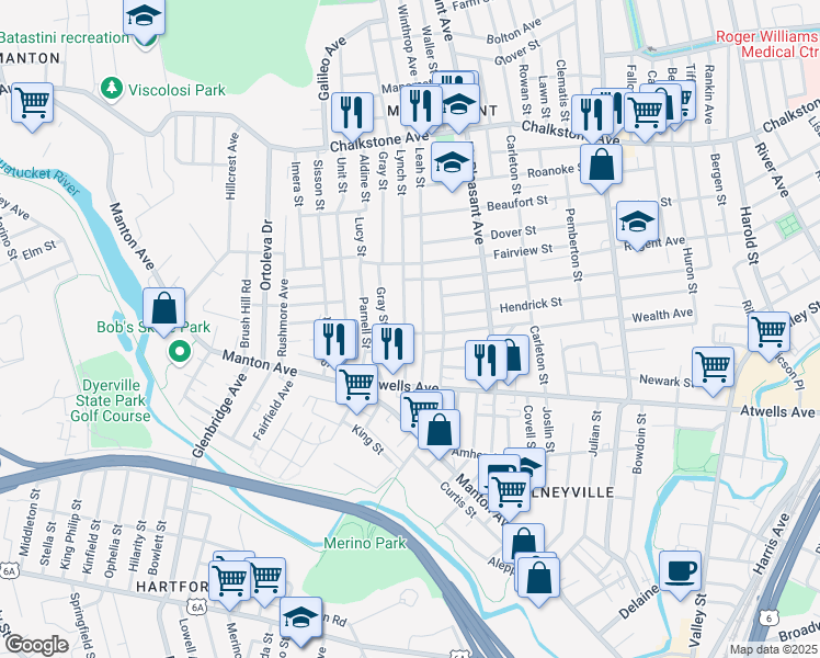 map of restaurants, bars, coffee shops, grocery stores, and more near 80 Lynch Street in Providence