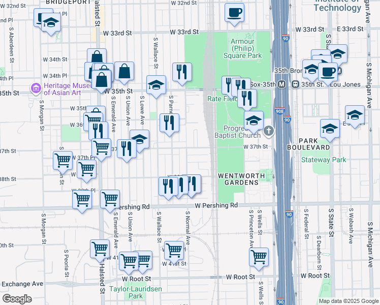 map of restaurants, bars, coffee shops, grocery stores, and more near 502 West 37th Street in Chicago